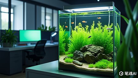 绿色植物装饰的办公桌上的鱼缸现代风格