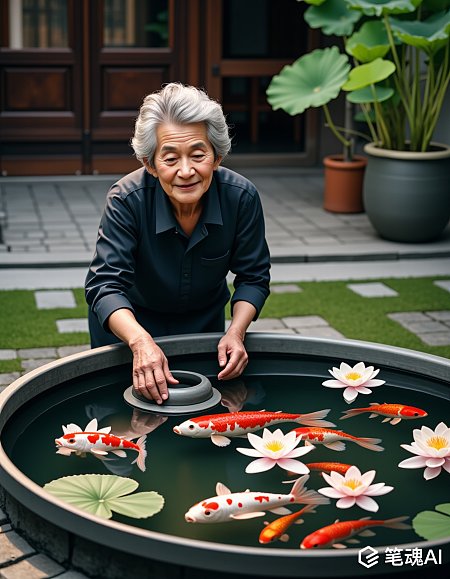 老人喂锦鲤莲花池中和谐宁静自然风韵