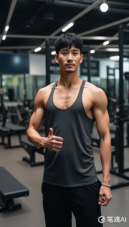 黑色背心肌肉男在健身房展示力量与自信