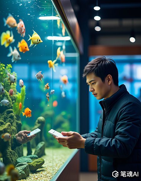 年轻人在色彩斑斓的水族馆内玩手机现代风格
