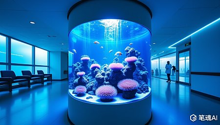 蓝色灯光下的圆形水族馆充满生机与现代感