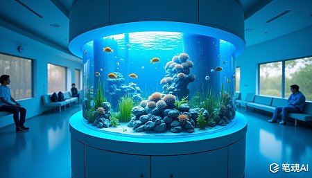蓝色灯光下的圆形水族馆充满生机与宁静氛围