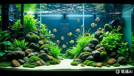 绿色植物点缀的蓝色背景鱼缸风景画