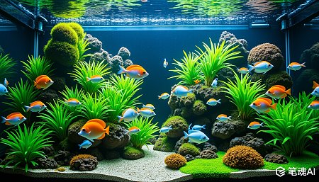色彩斑斓的热带鱼在水草茂盛的水族箱中游动