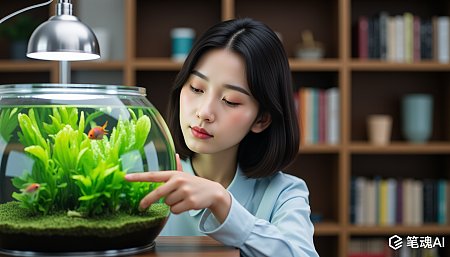 女孩在观察绿色植物的生态瓶，温馨自然风格