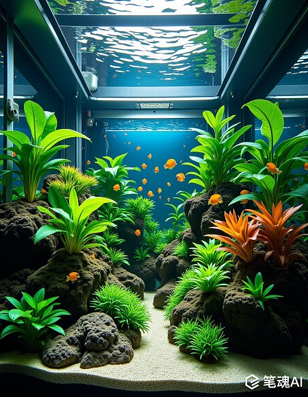 蓝色背景橙色金鱼绿色植物岩石装饰水族箱