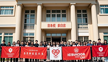 一群学生在红色横幅前合影于米色建筑前