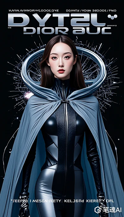 黑色背景蓝色披风未来科技风格女性