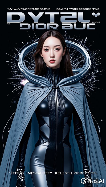 黑色背景蓝色披风未来科技风格女性