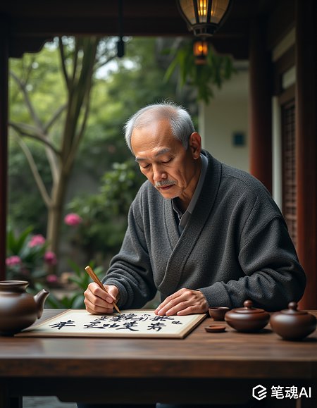 老人在木桌前专注地书写着书法作品，背景是绿色植物和茶具，画面风格宁静古朴