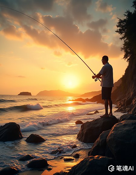 夕阳西下海浪拍打岩石钓鱼人剪影宁静自然风光