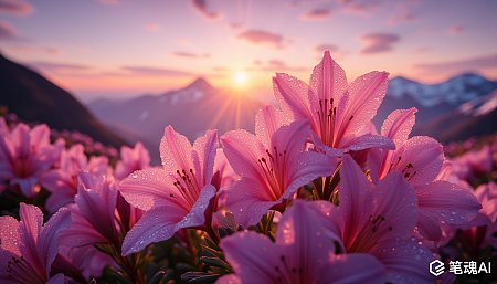 粉色花朵在夕阳下绽放美丽自然风光