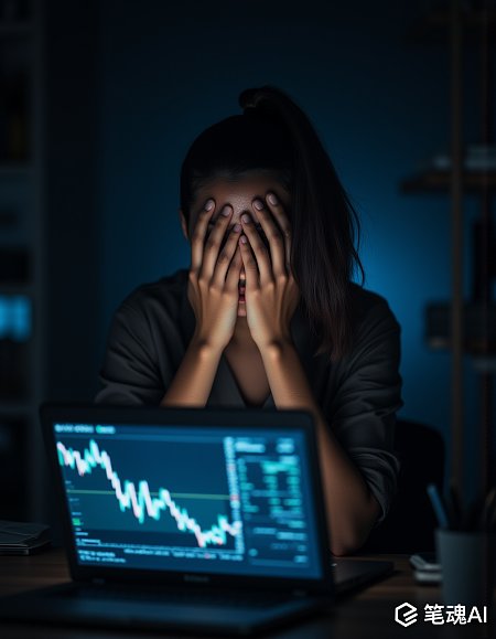 夜色中焦虑的交易者盯着下跌的图表