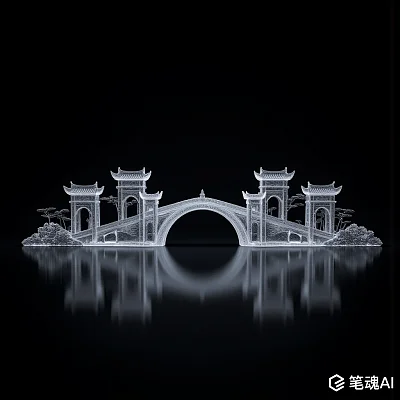 中国古徽式悬空桥全息纹理8K摄影