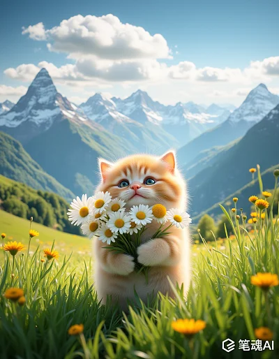 可爱胖猫手持鲜花草地摄影