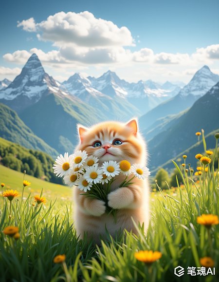 可爱胖猫手持鲜花草地摄影