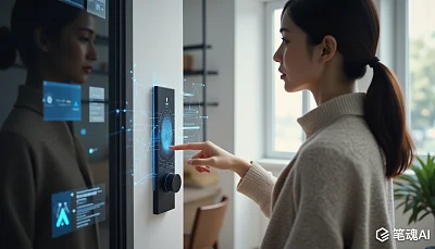 亚洲女士指纹解锁智能门锁互动图