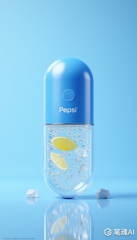 蓝色背景柠檬冰块的Pepsi胶囊瓶创意设计