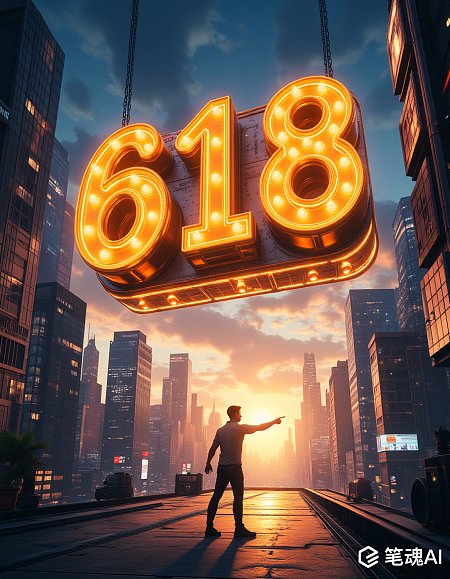 金色618字样悬挂在高楼林立的城市黄昏背景中现代风格