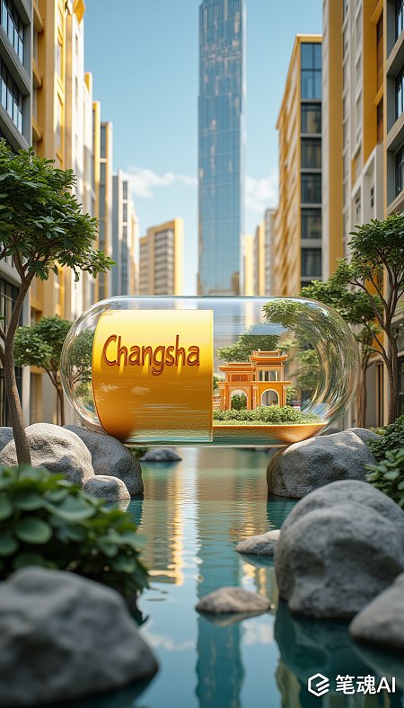 金色长沙牌匾在透明球体中映照着古典建筑与现代高楼的和谐画面