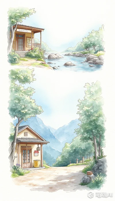 宁静河边小屋与山间绿树相映成趣水彩画风
