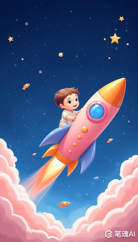 粉色火箭飞天小男孩夜空梦幻画风