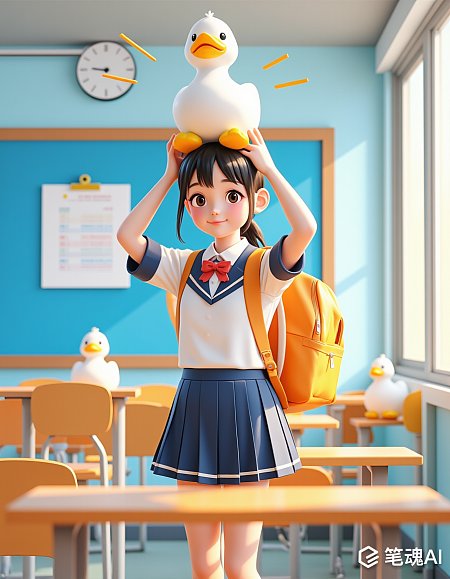 蓝色教室橙色背包女孩头顶白色鸭子阳光明媚