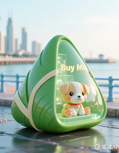 绿色粽子造型小狗玩具广告图现代城市背景