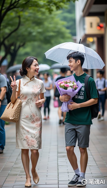 绿衣男手持花伞与花裙女在雨中微笑