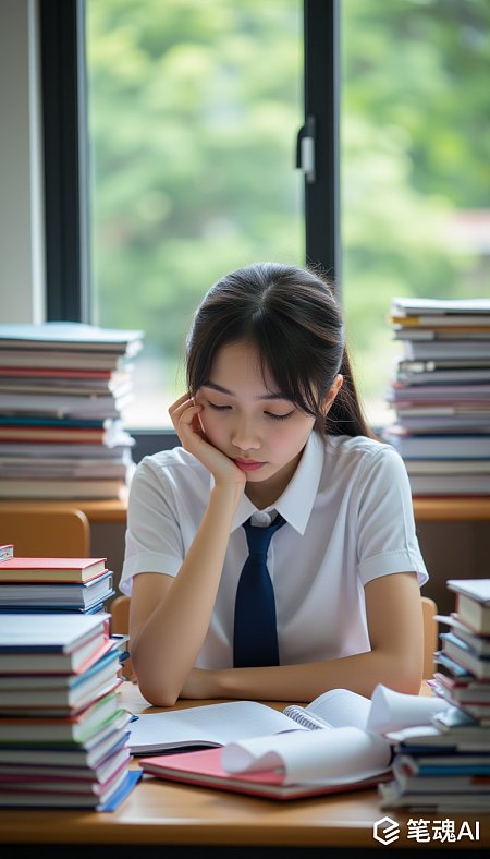 女孩白衬衫蓝领带黑发书桌前学习宁静自然光