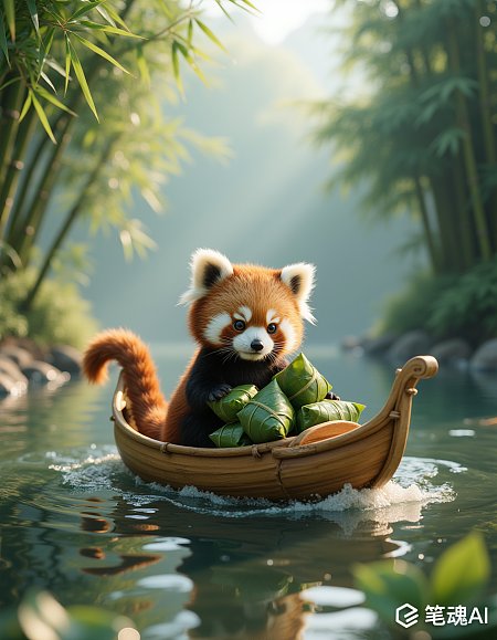 红棕色小熊猫划着竹筏载粽子在竹林中漂流