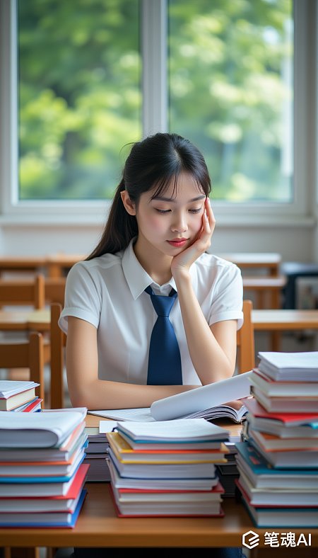 女孩在教室里埋头学习，桌上堆满书籍，背景窗外绿意盎然