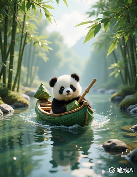 黑白熊猫划绿竹筏于竹林间宁静山水画风
