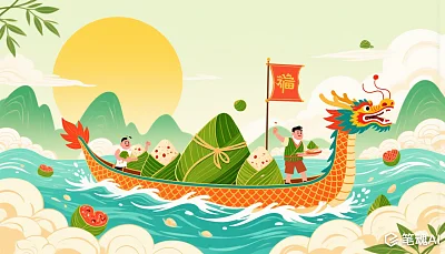 端午节龙舟赛热闹非凡色彩鲜艳卡通风格