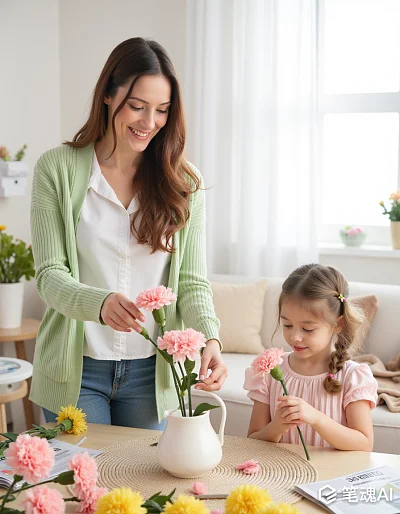 绿色毛衣妈妈和粉色衣服女孩插花温馨家庭场景