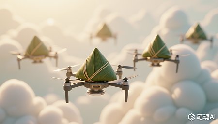 绿色粽子无人机在白云间飞行现代艺术风格
