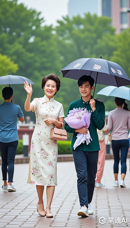 绿衣男子手捧花伞与白裙女子漫步雨中