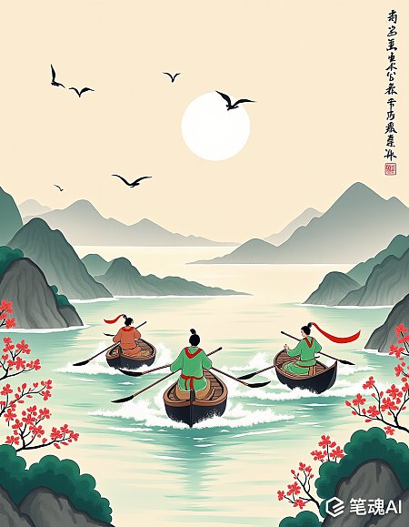 山水画中三人划船赏月红花绿树映衬