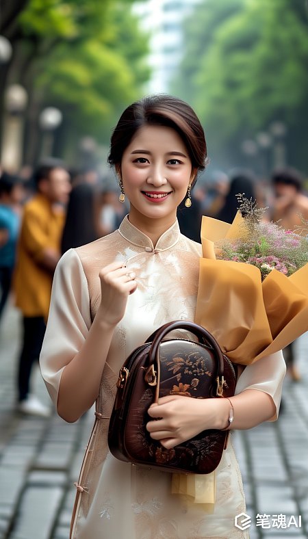 身穿白色旗袍手捧花束的女子漫步在绿树成荫的小路上