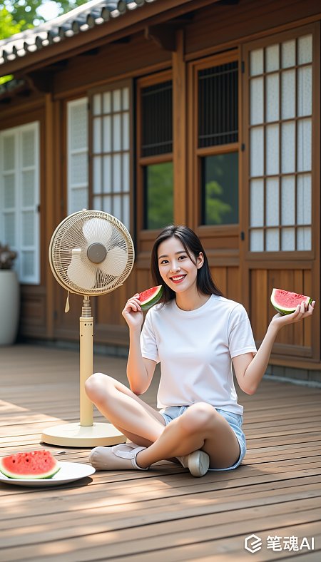 女孩在木制平台上吃西瓜扇风清新自然