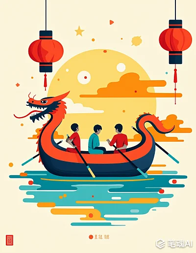 红色灯笼黄色月亮龙舟划水传统节日插画