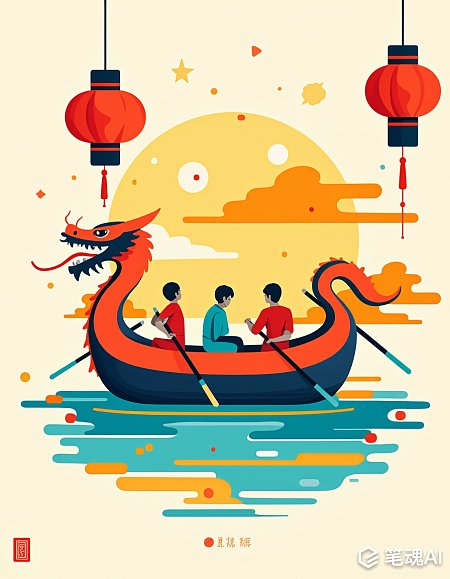 红色灯笼黄色月亮龙舟划水传统节日插画