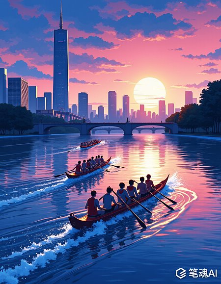 夕阳映照下的城市河上划船比赛色彩斑斓现代风格