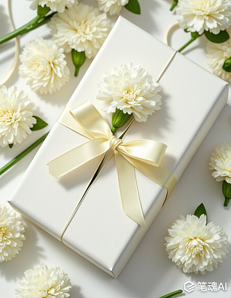 白色礼物盒配黄色丝带和花朵装饰优雅简约