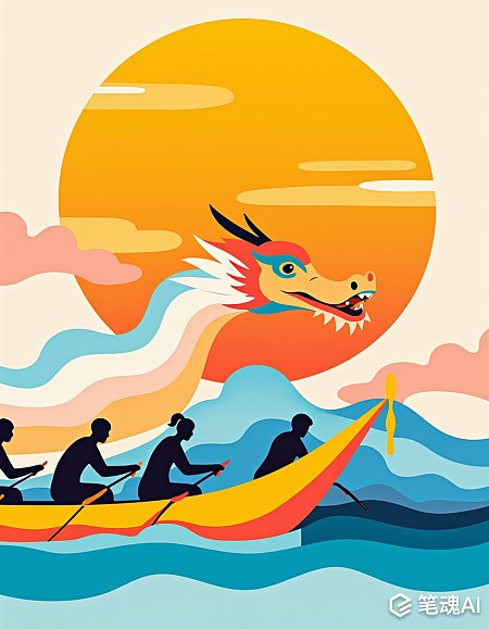 夕阳下龙舟赛激烈色彩鲜艳风格简约