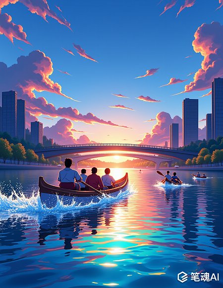 夕阳映照下人们划船在城市河上享受宁静时光