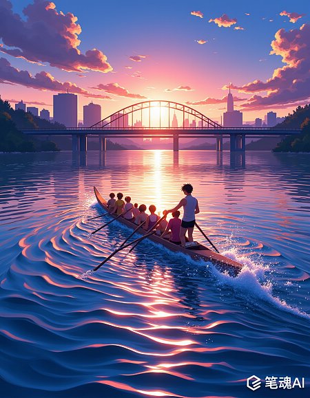 夕阳映照下的划船队伍在城市背景中划行
