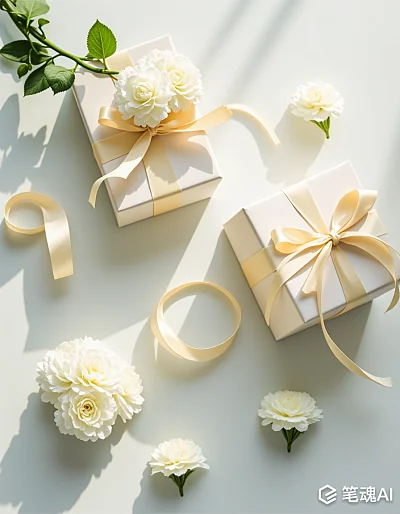 白色礼物盒配淡黄色丝带和花朵简约优雅