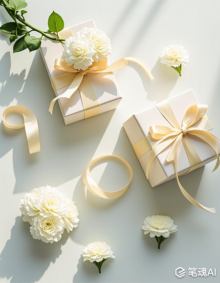 白色礼物盒配淡黄色丝带和花朵简约优雅