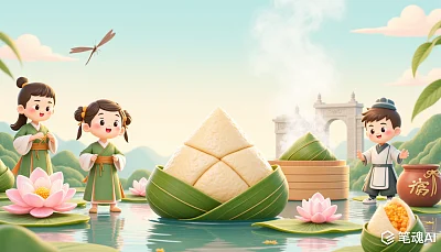 绿色粽子漂浮在湖面，孩子们穿着古装，背景是青色的山和粉色的莲花，风格清新自然